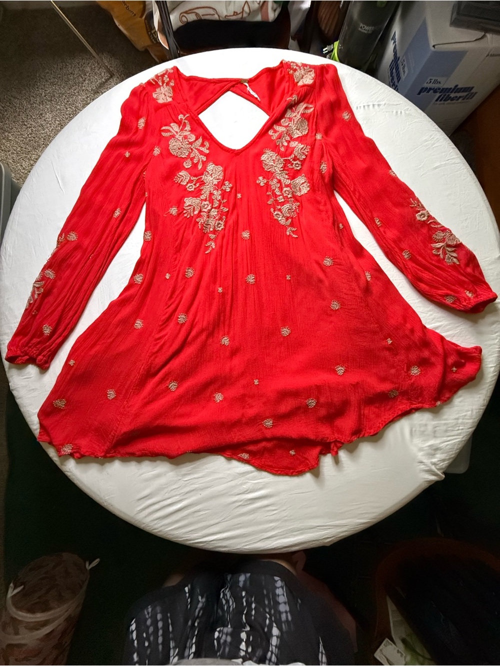 Free People XS Red Embroidered Boho Tunic Dress | Long Sleeve Mini